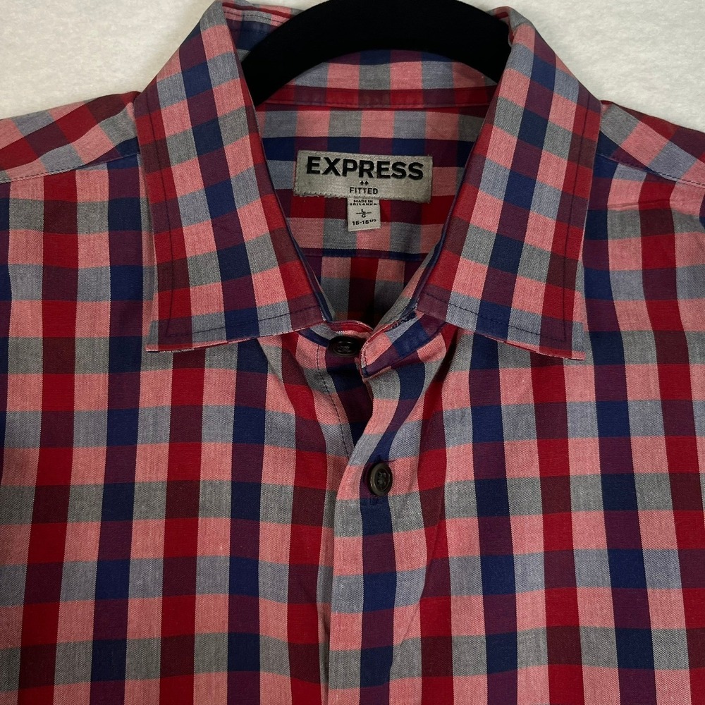 Express Button Up Shirt Red Navy Blue Gingham Check Fitted Mens Large 16-16.5